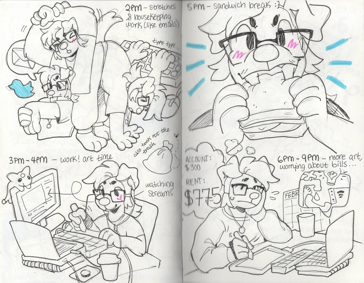 Page 2 The dog character does daily chores and stretches before getting to work: answering emails and working on commissions while watching streams. They have a lunch break and stress about bills.