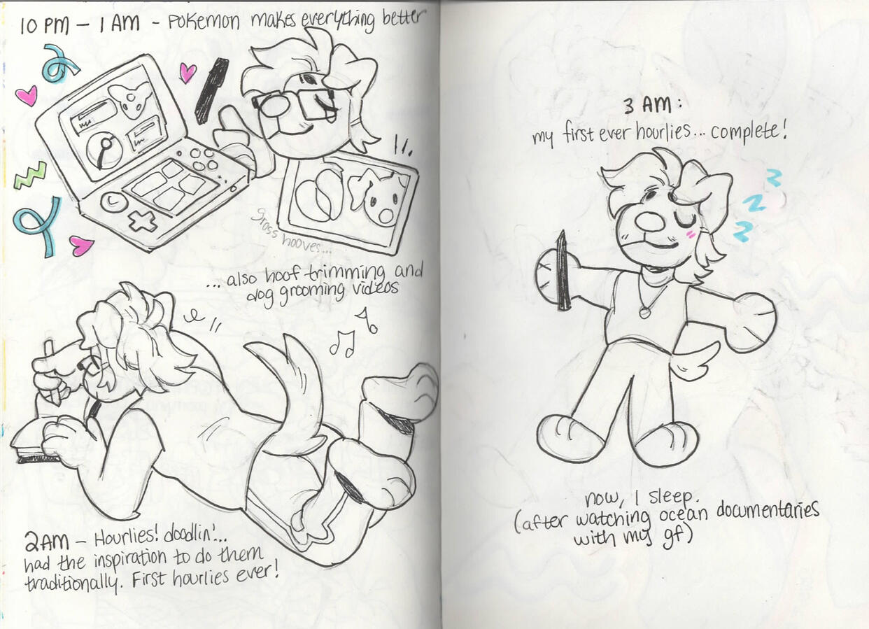 Page 3 After work, they play Pokemon and watch Youtube videos of hoof trimming and dog grooming to relax. They doodle in their sketchbook and go to bed at 3 AM.