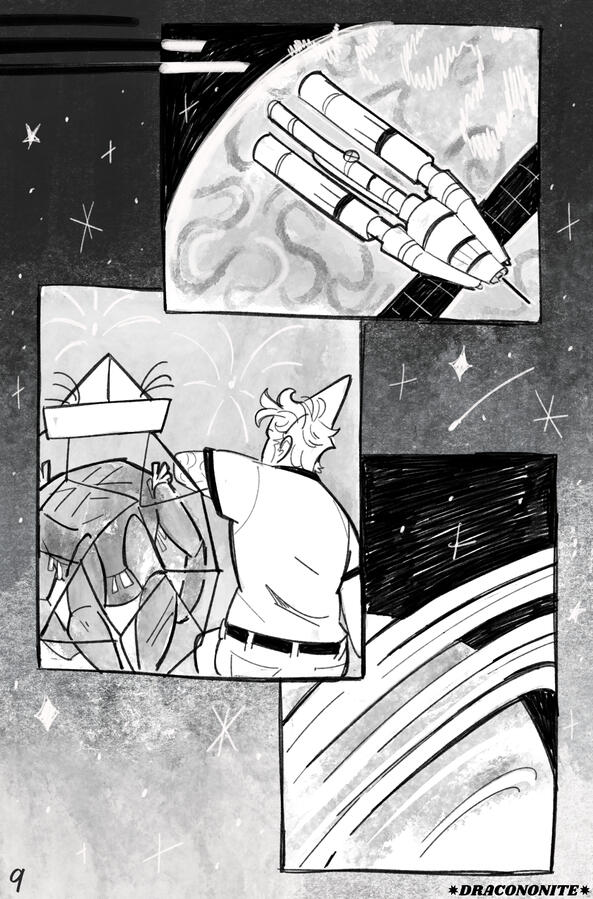 Page 9 Time passes. Grace and Rocky go fishing for Taumoeba on planet Adrian, celebrate their success in the Don't Go Crazy room, and arrive to Erid.