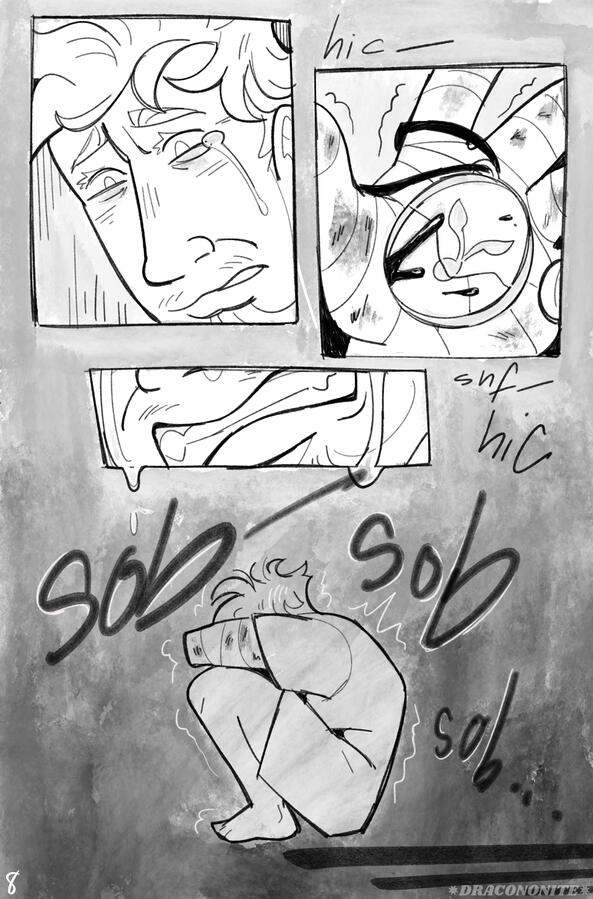 Page 8 Tears begin to streak down Grace's cheek, and he looks down at his bandaged hand, finding the cracked and blood-splattered pendant of the seed of the last tree in his palm. He hiccups, breaking down into sobs and curling up, alone.