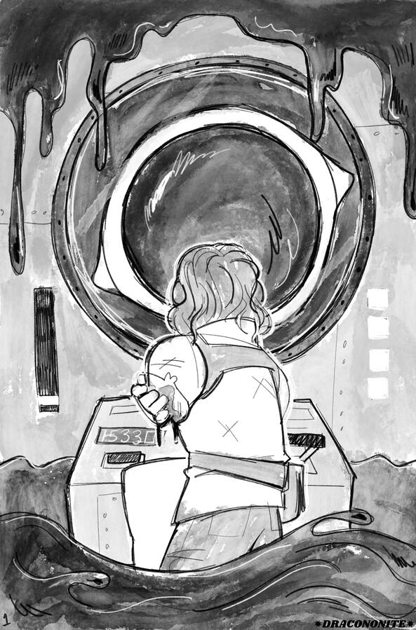 Page 1 Simon in the Iron Lung as it begins sinking, the eel's eye looking at him through the porthole, huge and eclipsing his silhouette as he grabs the bloody stump of his severed arm. The numbers on the console are 15330, resembling "I SEE U"