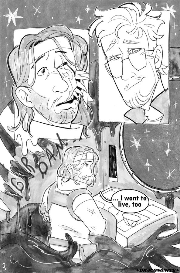Page 3 Simon looks up in surprise, and sees Grace amongst the stars, smiling sadly down at him. The eel's teeth have now punctured the hull, blood spilling up to Simon's hips. He looks down with a teary expression, saying, "I want to live, too."