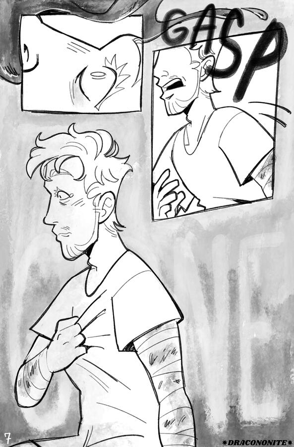 Page 7 Grace's eyes snap open, blood spilling into the panel behind. He gasps loudly and abruptly sits up, hand grabbing the medical gown over his heart and, with a haunted look, he realizes that his soulmate from another universe is gone.