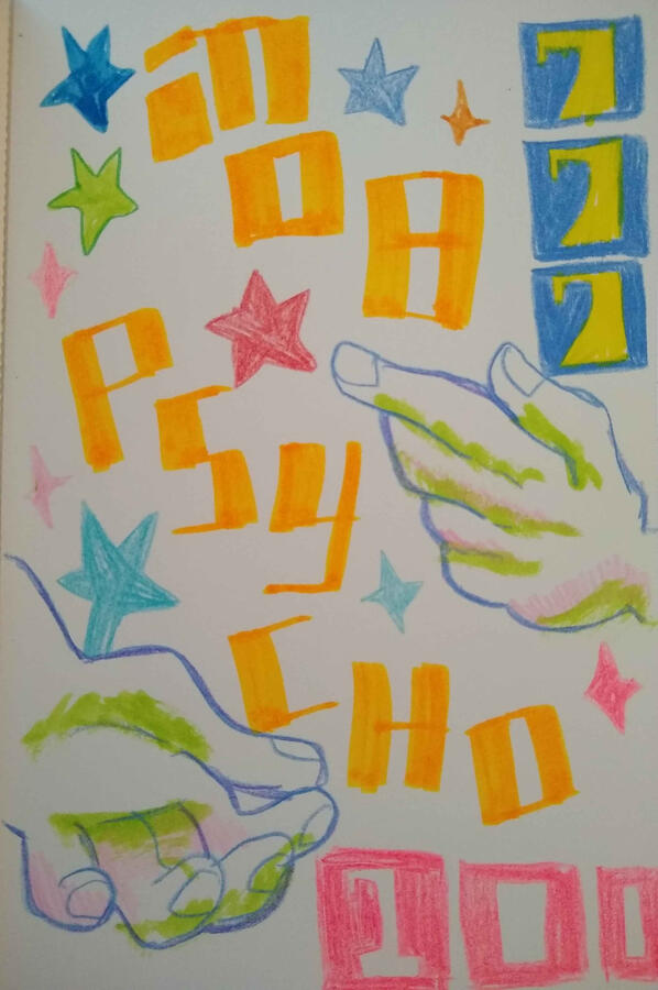 Hands Colored pencil and highlighter drawing of hands with "Mob Psycho 100" lettering.