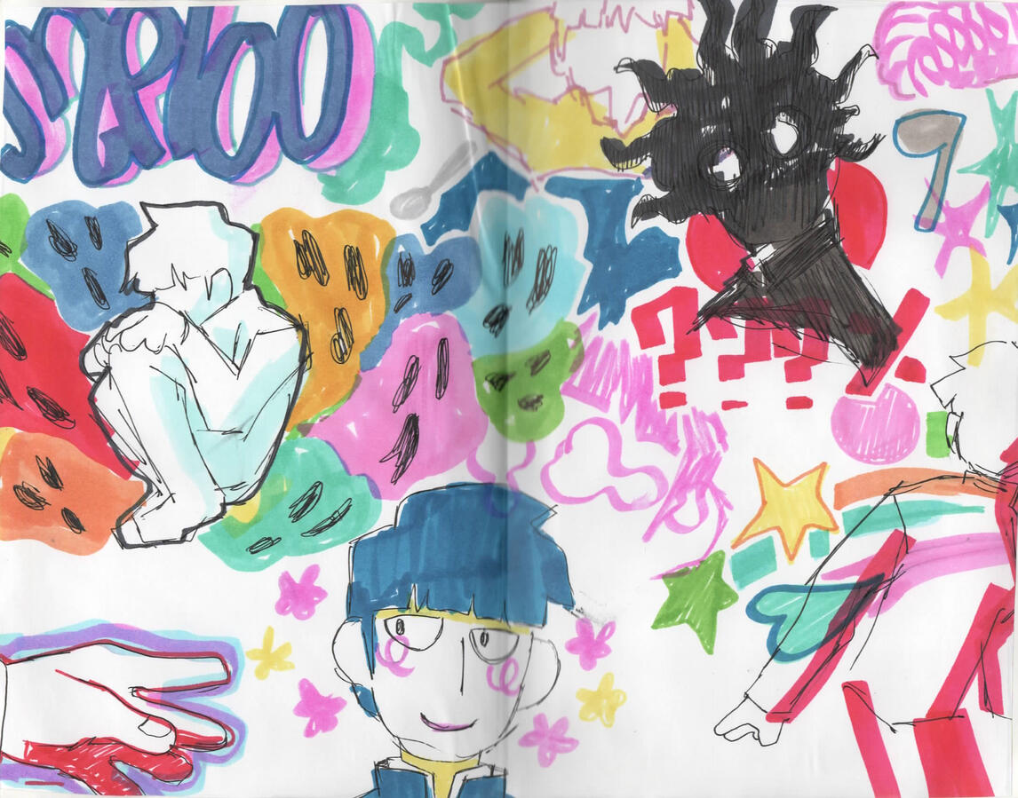 Markers 1 Colorful marker doodles of Mob from Mob Psycho 100. Surrounded by ghosts, ???%, and silhouettes and shapes.
