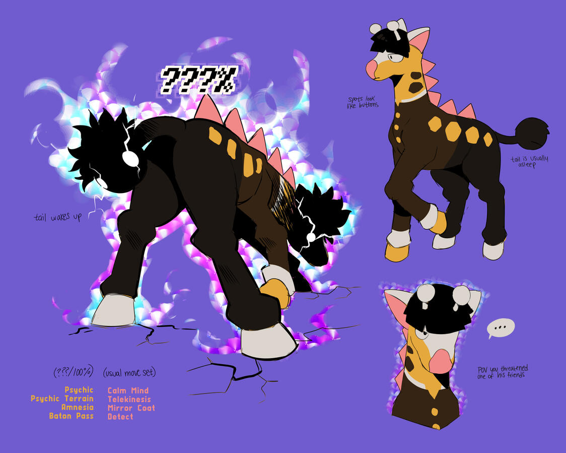 Shigeo PMD AU Digital art of Shigeo as a Girafarig, with dark markings going further up his body looking like his uniform. He's shown in ???% mode with his tail awakened.