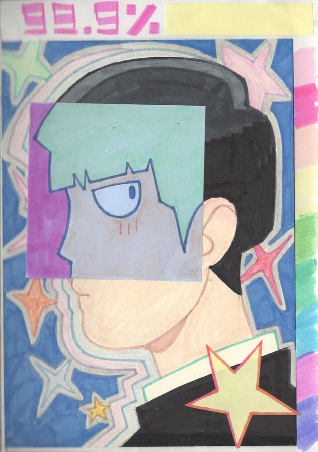 Sticky Note Portrait of Mob surrounded by stars, with a sticky note over his face in negative color.
