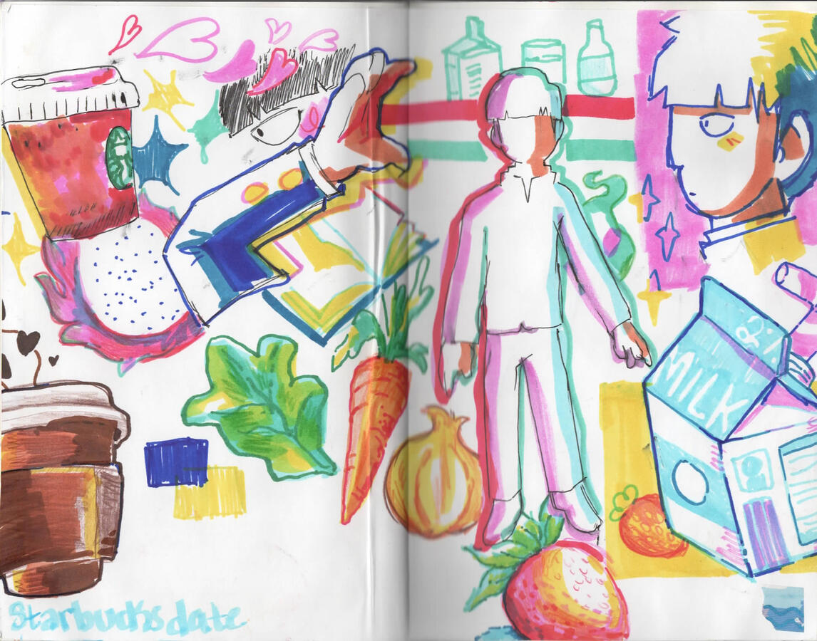 Markers 4 Marker drawings of Mob with various objects: milk carton, coffee, fruit drink, and vegetables.