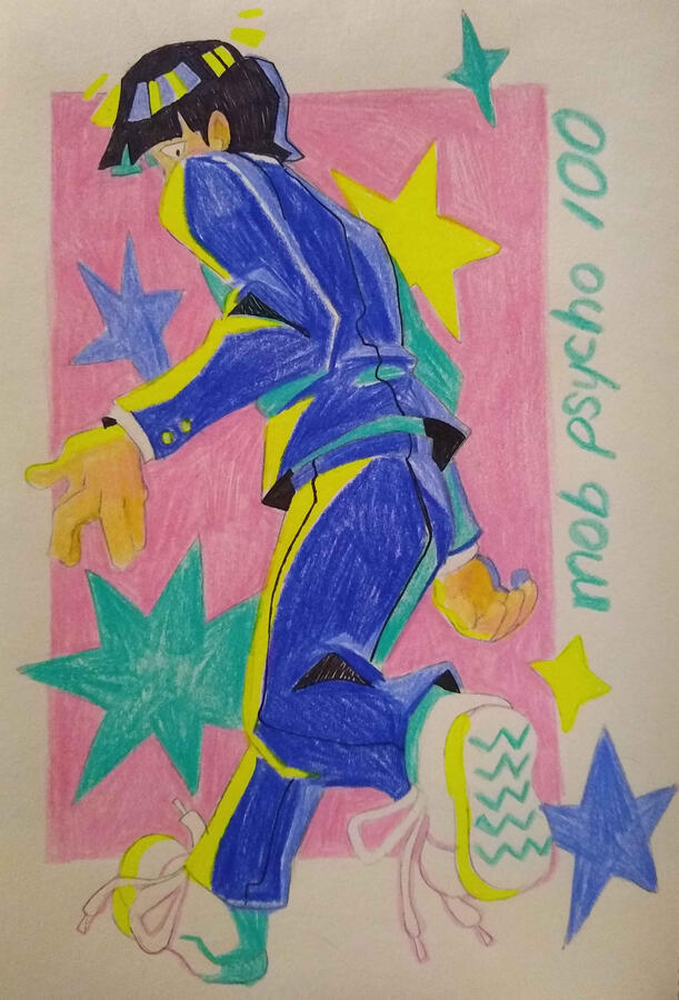 Shoes Traditional color pencil and highlighter drawing of Mob mid-walk, surrounded by stars and rim lighting.
