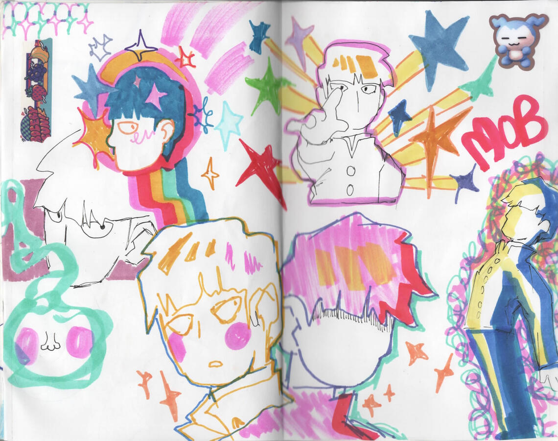 Markers 3 Marker drawings of Mob at various angles, surrounded by colorful sparkles, using his powers, and possessed by Dimple.