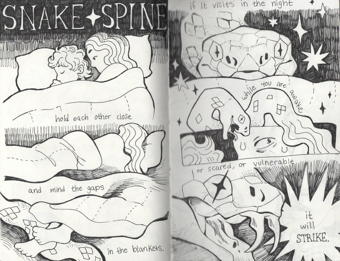 Page 1 Two siblings sleep together in bed, the older sister laying awake. A snake brushes against her feet, peering over the bed to lock gazes. Upon realizing she is awake, it bares its fangs.