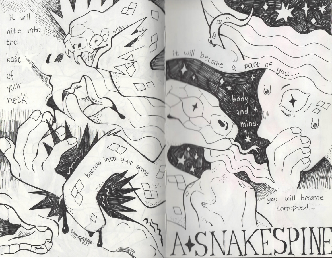 Page 2 The snakes fangs bite into skin, peeling an opening in the child's neck, and burrowing into her spinal cord. She covers her mouth in horror, scales on her cheek and starry eyed like the snake. The serpent can be seen shifting under the skin of her back.