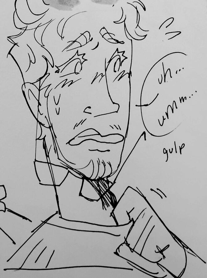 Pen doodle of Ryland grace tugging nervously at the collar of his shirt, his glasses dangling from one ear.