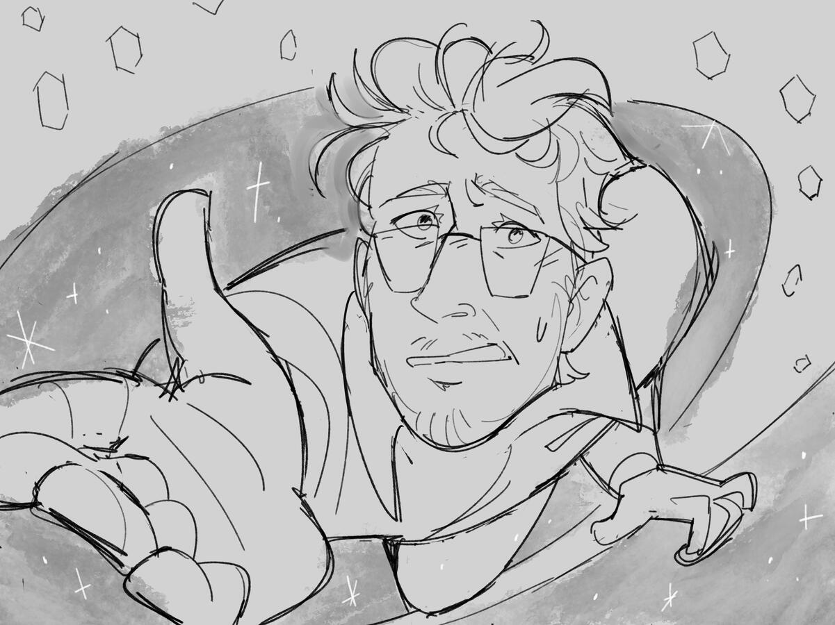 Parallel 2 Grace floating down toward the viewer, expression desperate as he reaches down with an open hand. Behind him, a petrova line whizzes by and stars sparkle.