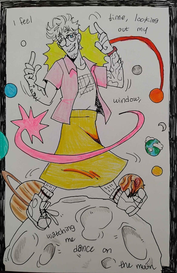 Dance On The Moon Traditional art of Ryland dancing on the moon. He is wearing a skirt and his converse, and has his ammonia burns and Eridian mission tattoo. Behind him shines the sun, petrova line, and the solar system planets, with a shooting star circling him.