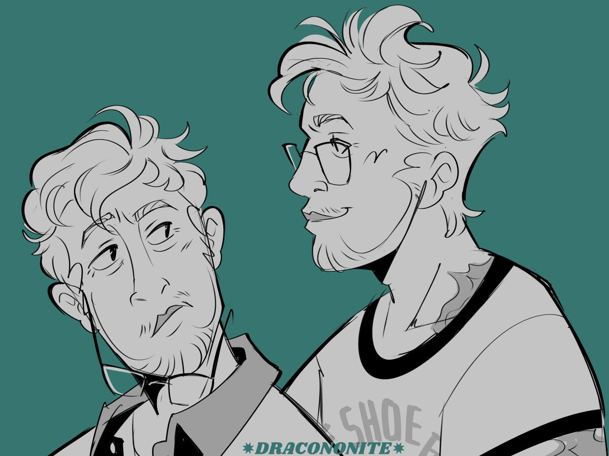 Dr. Ryland Grace Sketched face studies of Ryland Grace with a dark teal background. One shows the scarring down his left arm from ammonia burns.
