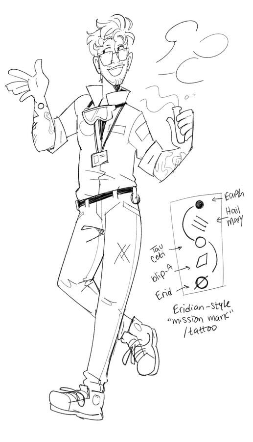 Teaching Momence Fullbody sketch of Ryland mid-walk and gesturing as he teaches. An Eridian-style mission mark / tattoo is doodled to the side and can be seen on his right arm.