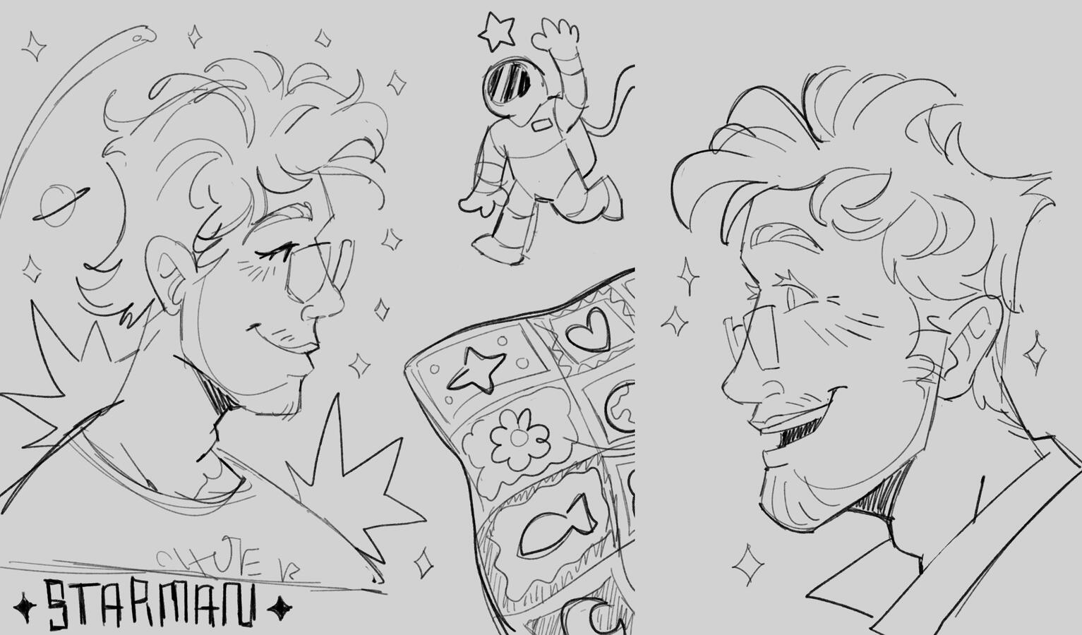 Starman Doodles of Dr. Ryland Grace surrounded by stars with a gentle smile and blush, Ryland in profile view with an open-mouthed and dazzlingly happy smile, a small astronaut spacewalking and reaching for a cartoon star, and a quilted blanket.