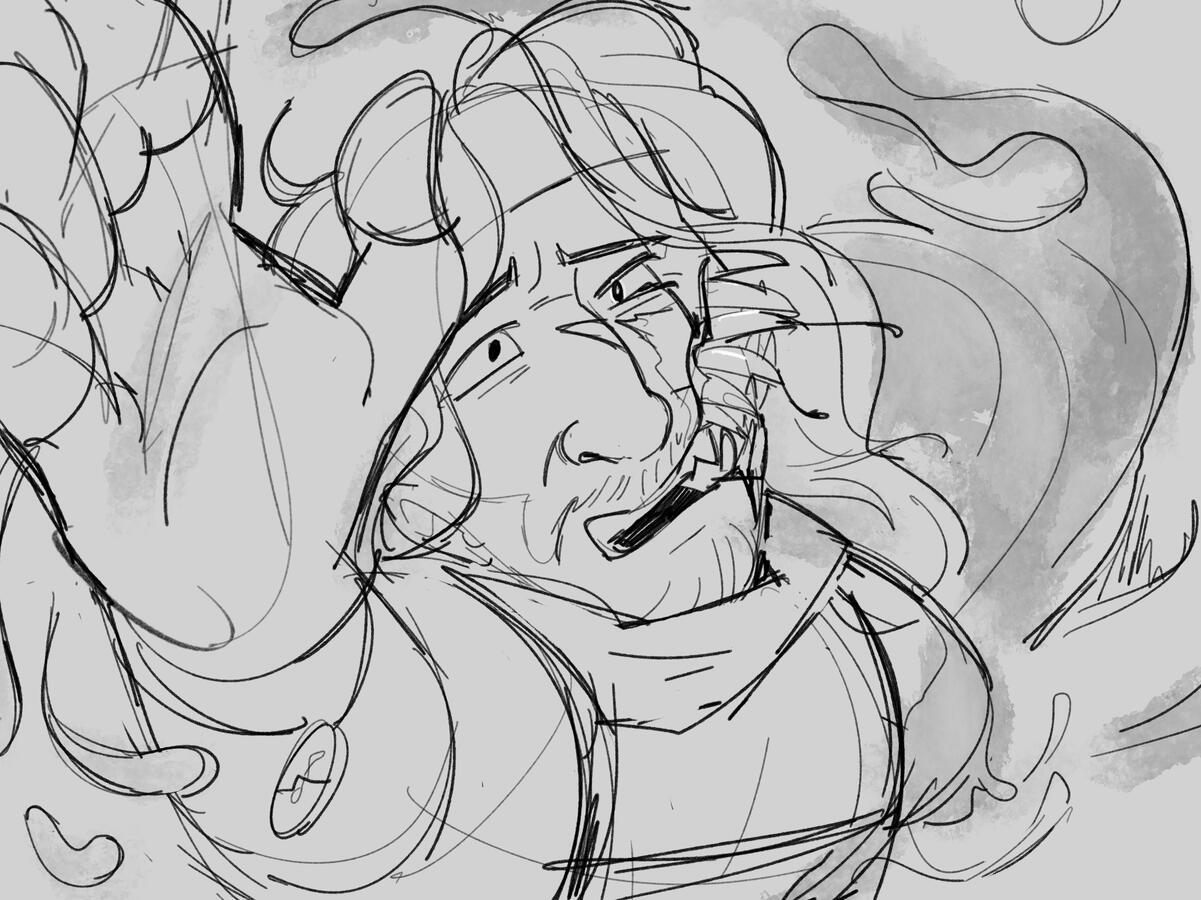 Parallel 1 Simon reaching up toward the viewer, pained and bleeding with his freshly split toothy face and lost arm. Below him swirls waves of blood.