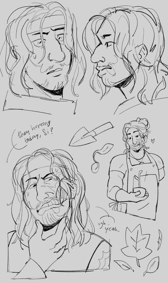 Toothache Drawings of Simon pre- and post-mutation with various expressions. He grimaces in pain as the teeth on the side of his face flex outward. He is also drawn in a gardening apron and gloves, holding a small potted plant and smiling softly.