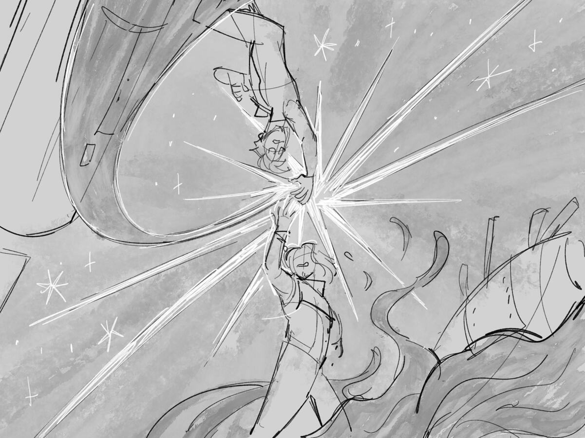 Reach Dr. Ryland Grace and Simon the Convict float toward each other, their hands nearly touching. The Hail Mary and SM-13 in the background, the blood ocean swirling up and the petrova line curving toward the star illuminating behind their hands.