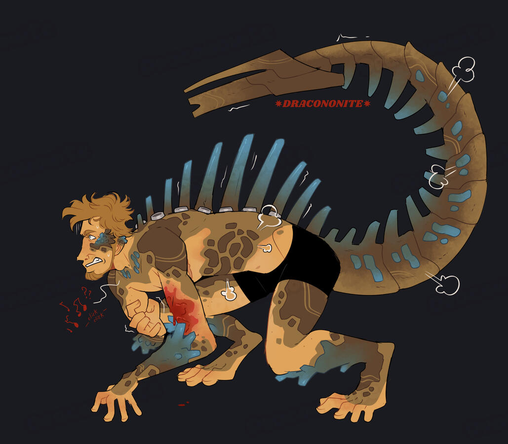 Ryland Grace crouched on all fours, tail raised defensively overhead like a scorpion and spine crystals trembling. He's panicked and struggling to speak, only managing discordant music and clicks. His left bicep has a fresh bleeding burn.