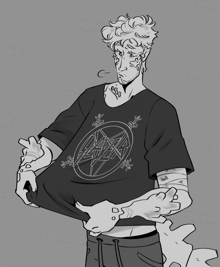 Digital art of Eridian virus-infected Ryland pulling the front of his shirt down to look dubiously at its metal music logo and bagginess.