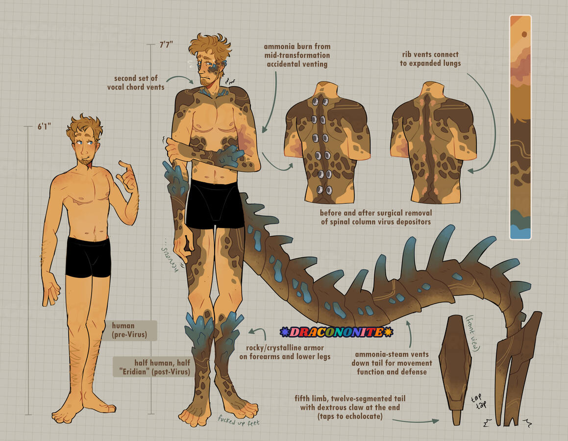 Ref sheet of Ryland Grace shown as a human, and then as this AU's transformed "half human, half Eridian" form, complete with rocky armor, a segmented tail, crystal spikes, and secondary vocal chords