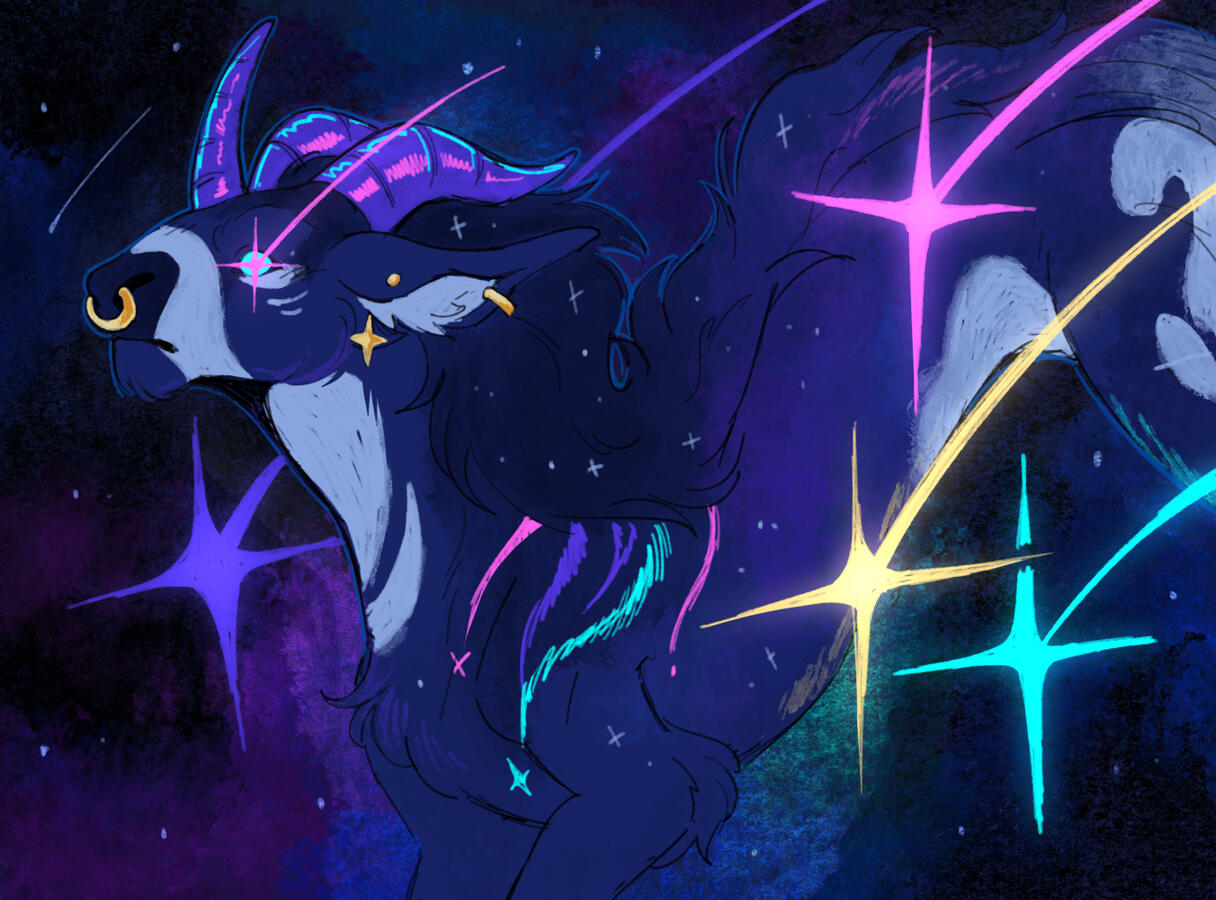 Illustration of a lung dragon flying through space, surrounded by colorful glowing shooting stars.