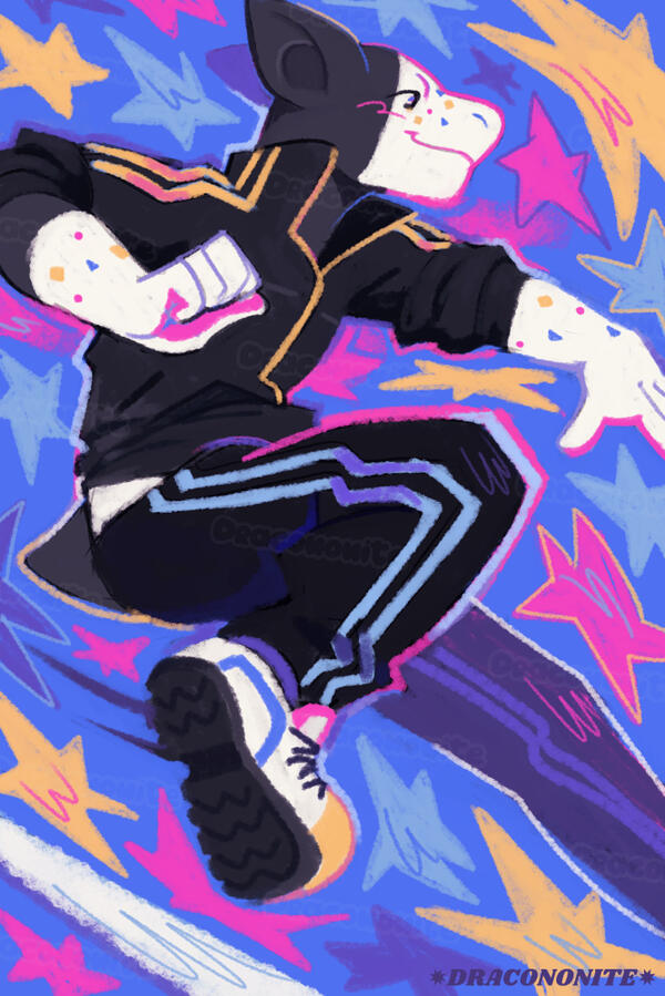 Digital painting of an anthro character in a midair running jump. He is wearing athletic gear and colorful running shoes, and has colorful shape markings. Colorful stars fill the background of the painting.