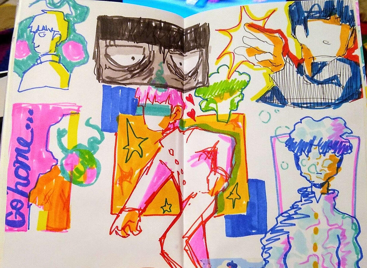 MP100 Alcohol marker experimental and scribbly artworks of Shigeo Kageyama from Mob Psycho.