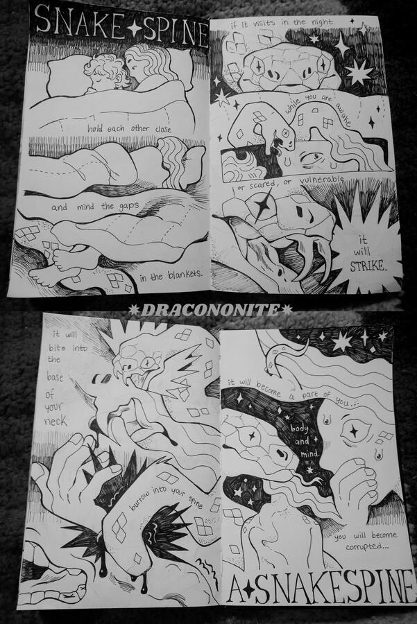 SNAKESPINE Traditional ink comic of a dream of a snake slithering into bed and entering a person's spine to irreversibly change them.