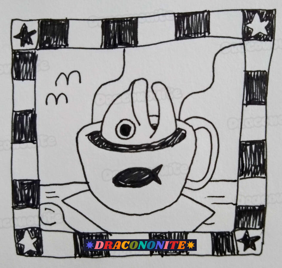 Fish Coffee Ink drawing of a cup of coffee with a fish head, bordered with checkerboard and star corners.
