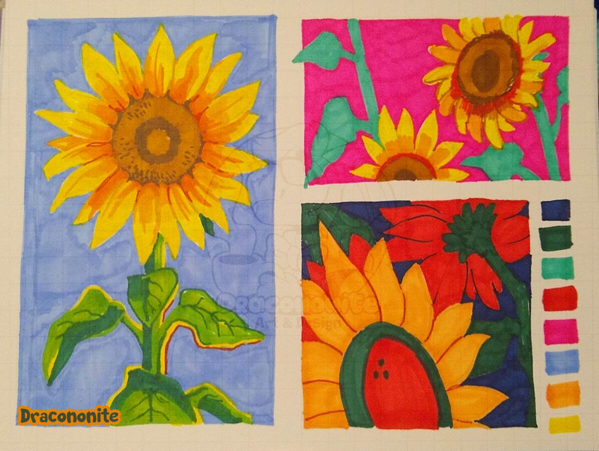 Sunflowers Traditional marker art of sunflowers in different color palettes.