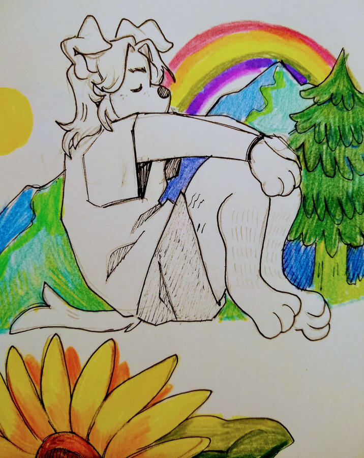 Max Sketchbook Sketchbook ink and colored pencil art of a dog sona sitting in front of mountains, pine tree and rainbow, with a sunflower beneath.