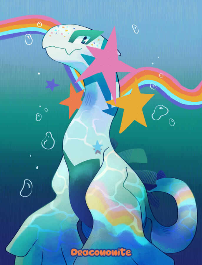 Illustration of a Lugia swimming in the ocean with colorful stars surrounding their head and a rainbow ribbon behind them.