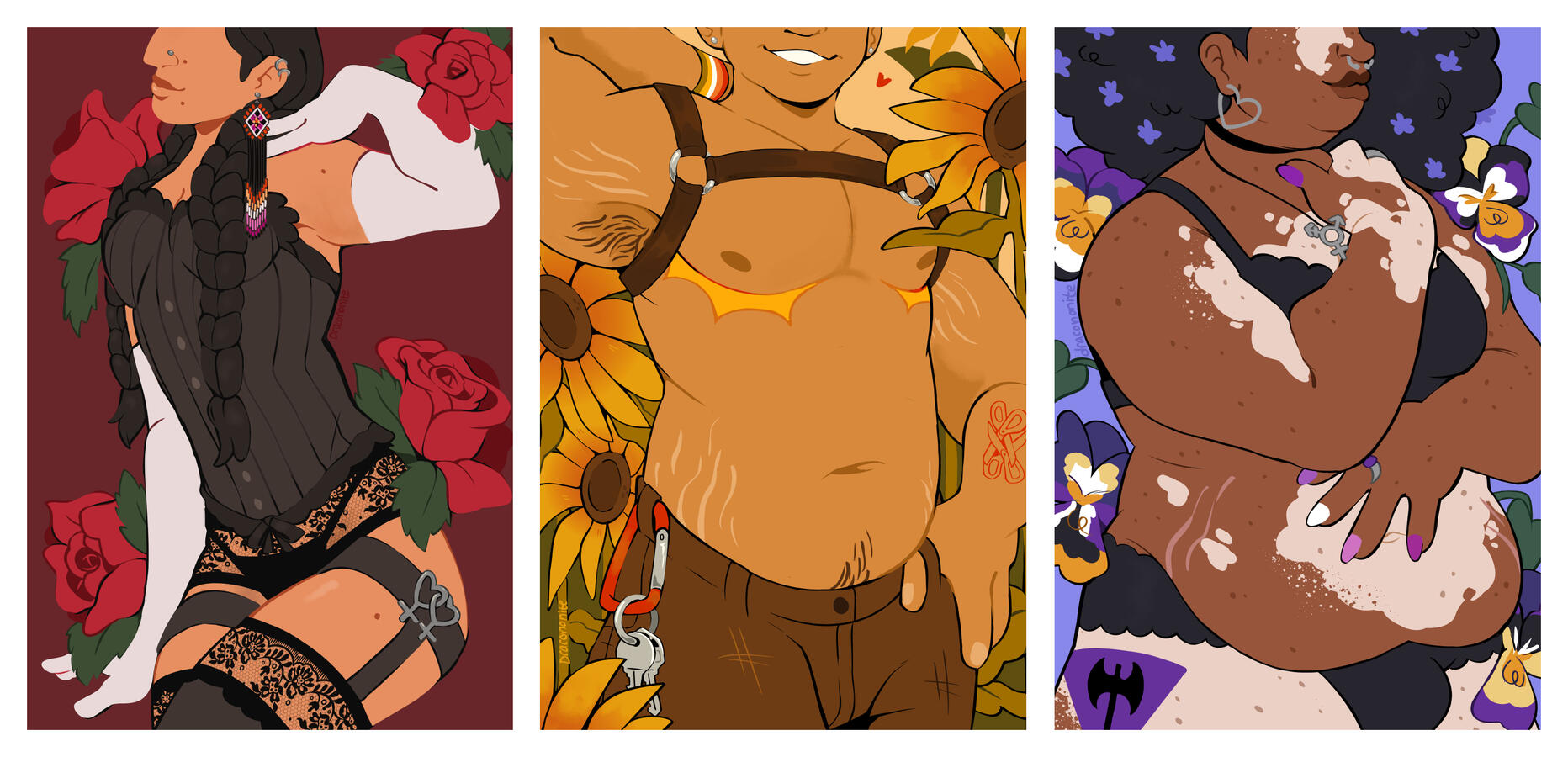 Lesbian Pinups Set of three pinup illustrations of lesbian characters surrounded by flora. An indigenous person with roses, an olive-skinned butch with sunflowers, and a black femme with violets.