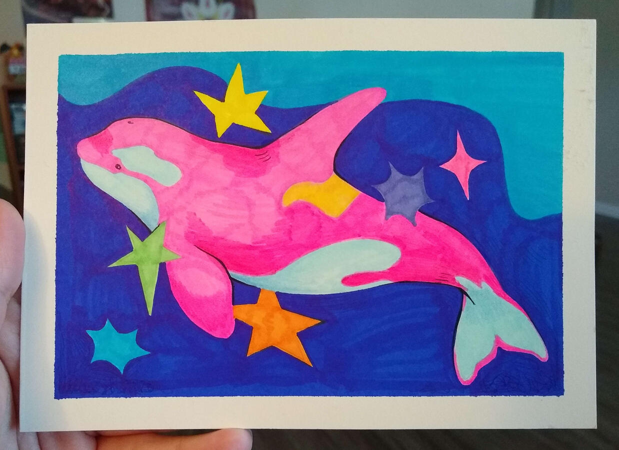 Pink Orca Alcohol marker art of a pink orca swimming in the ocean with colorful stars.