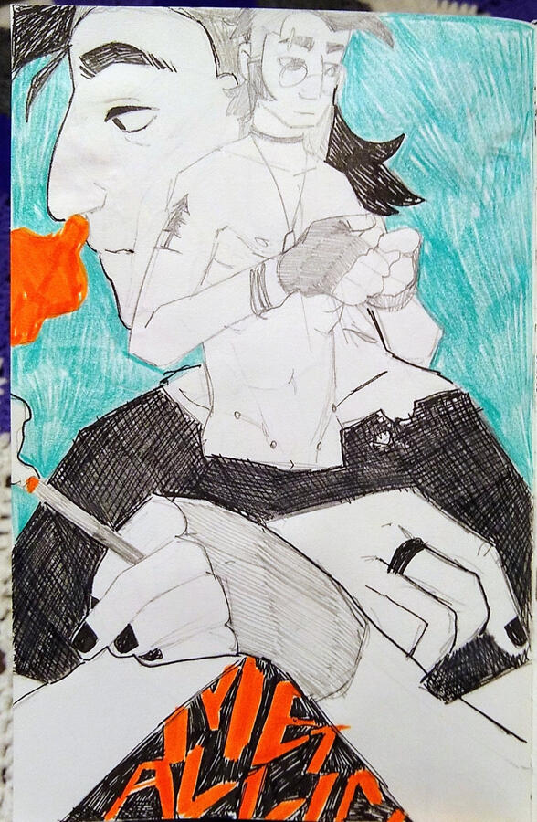 Fletcher Ink and colored pencil drawing of a character smoking.