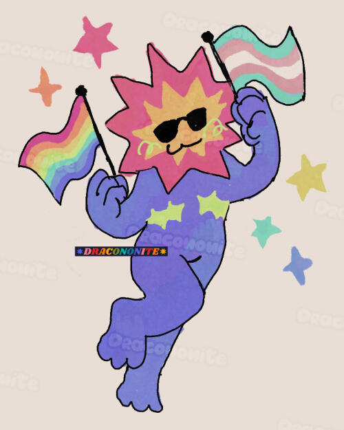 Drawing of a starheaded person with sunglasses and top surgery scars, holding up a rainbow flag and a trans flag, with star doodles surrounding them.