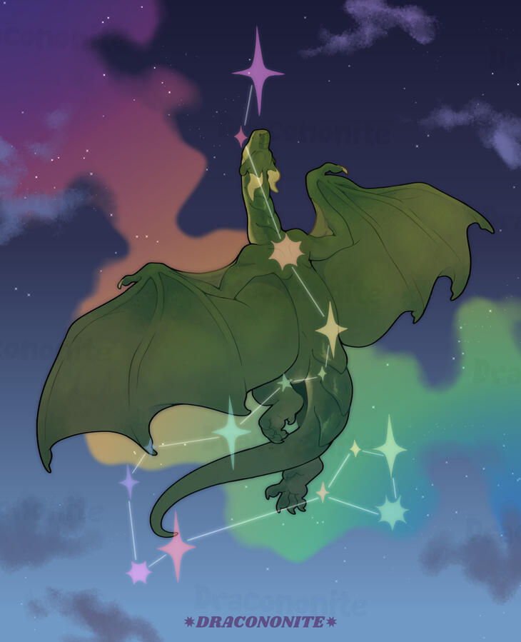 Draco Constellation Illustration of a green dragon flying in the twilight sky, ascending pose overlaid with the Draco constellation in rainbow stars.