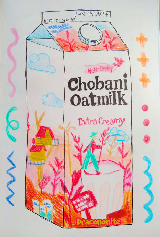 Chobani Ink and colored pencil art of Chobani's oat milk carton.