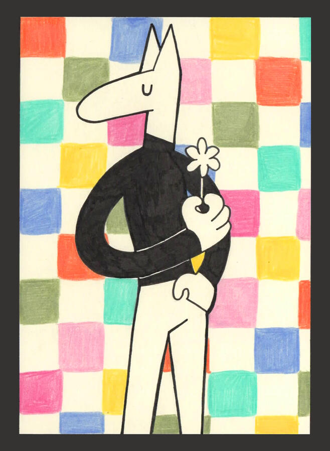 Checkerboard Traditional ink and colored pencil art of a dog person holding a flower, background is colorful checkers.