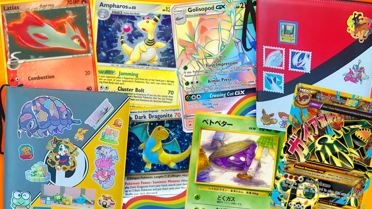 TCG Collecting Video thumbnail of a collage of Pokemon cards and binders.