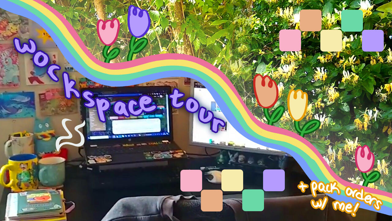 Workspace Tour Video thumbnail of a desktop and honeysuckle, with a doodled rainbow, checkerboards and tulips.