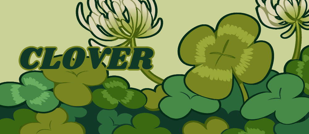 Clover Header illustration. A patch of clover with a shamrock and clover flowers.