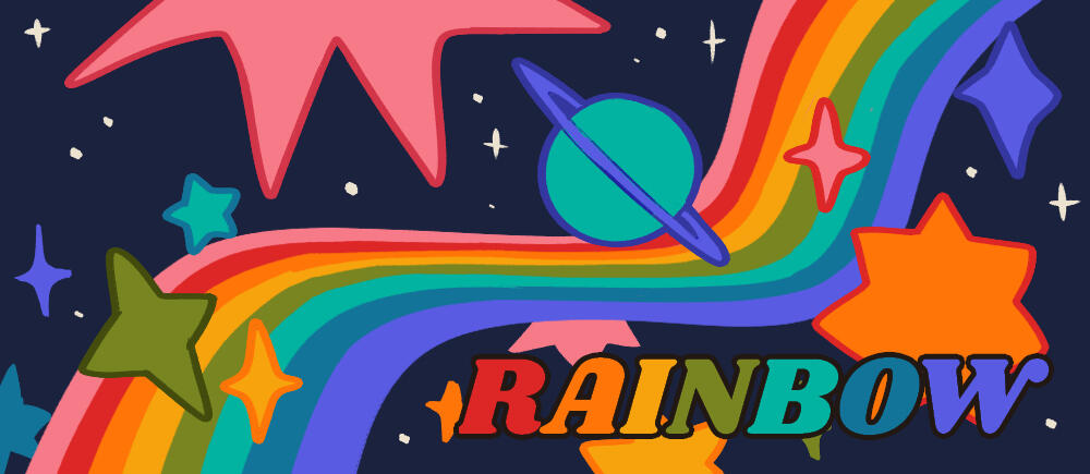 Rainbow Header illustration. A rainbow ribbon surrounded by colorful stars and planets.
