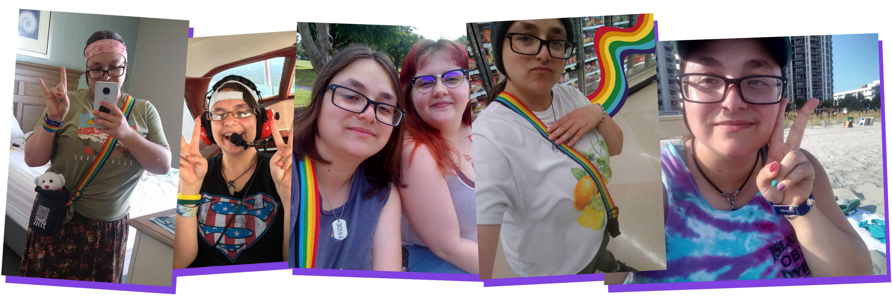 The Artist! Photo collage of Dracononite (me), a light-skinned nonbinary person with dark hair and glasses. 1) In a skirt with a teddy bear in my purse. 2) In a small plane with a headset. 3) With my girlfriend at a pride event at the park. 4) In the ice cream aisle.