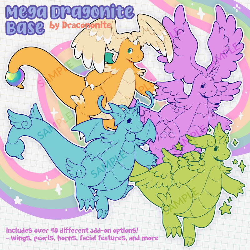 Mega Dragonite Lineart Base Customizable lineart base of Mega Dragonite from Pokemon, with add-ons like different wings, horns, antennae, and more.