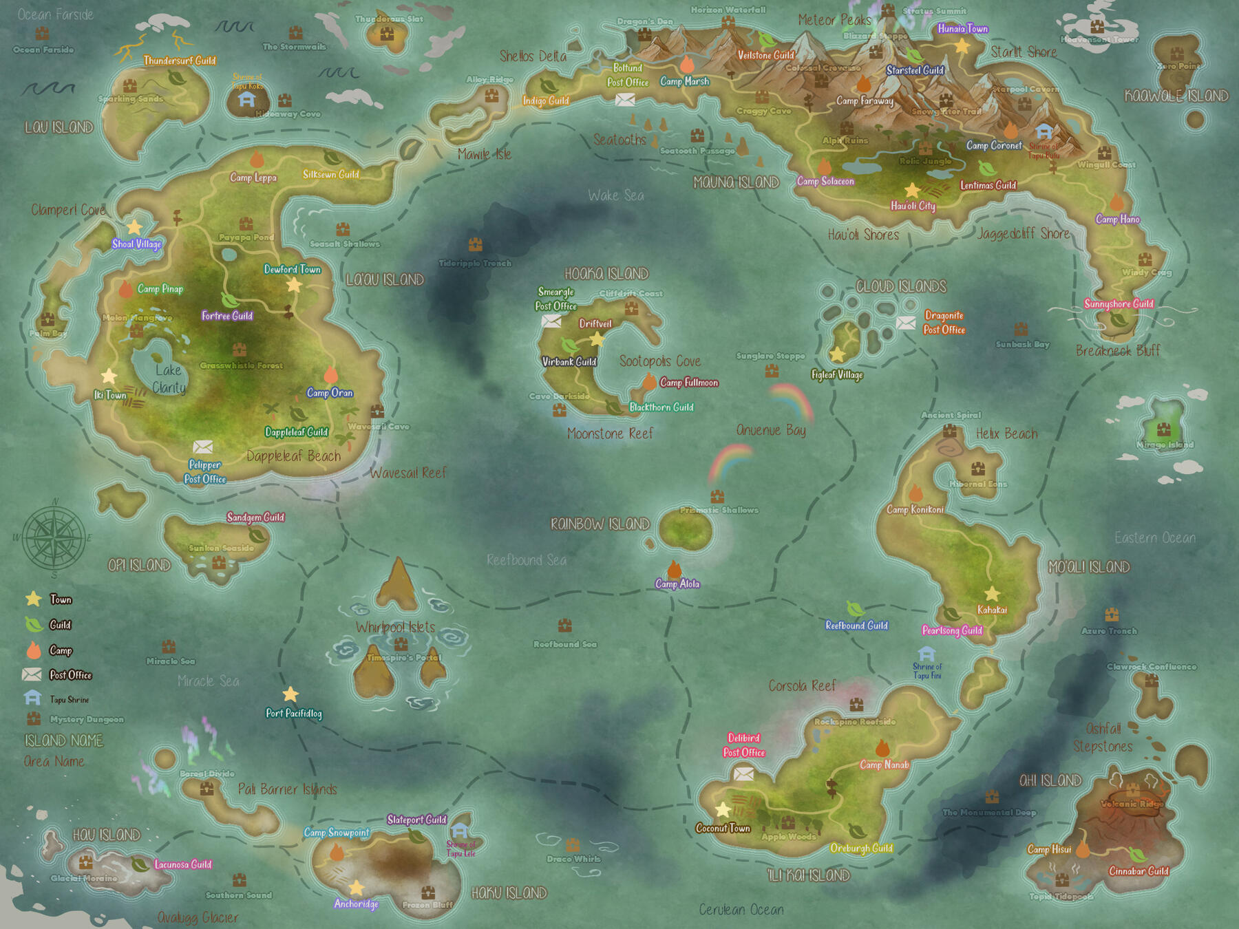 Ikkalo Map of Ikkalo, a fanmade Pokemon Mystery Dungeon region. It is largely ocean and islands with towns, guilds, and dungeons marked.